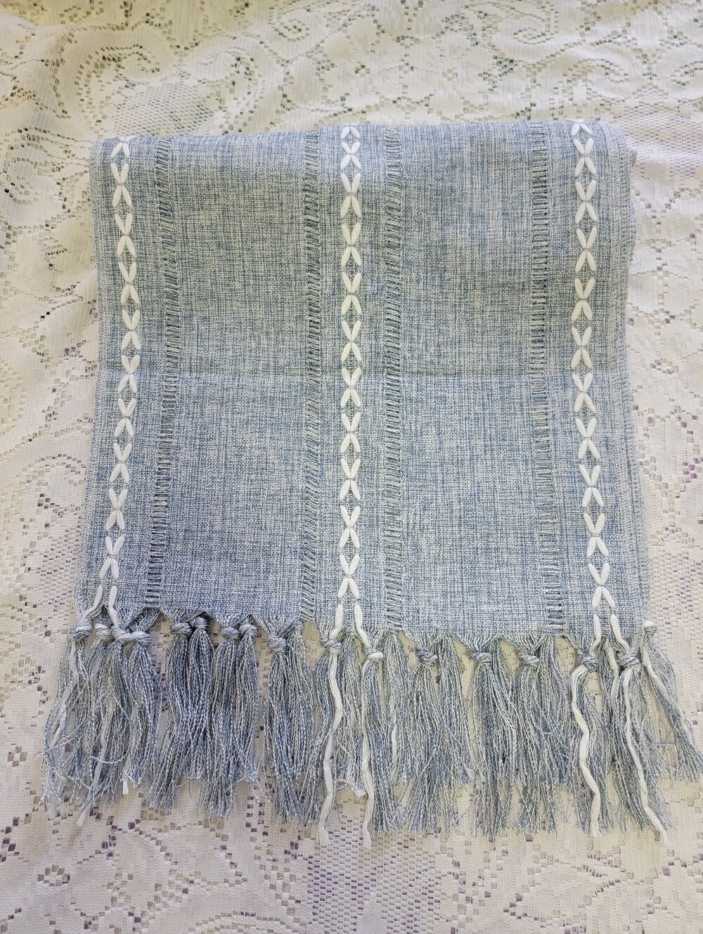 Silver & Blue Linen Weave Table Runner - Boho - Farmhouse